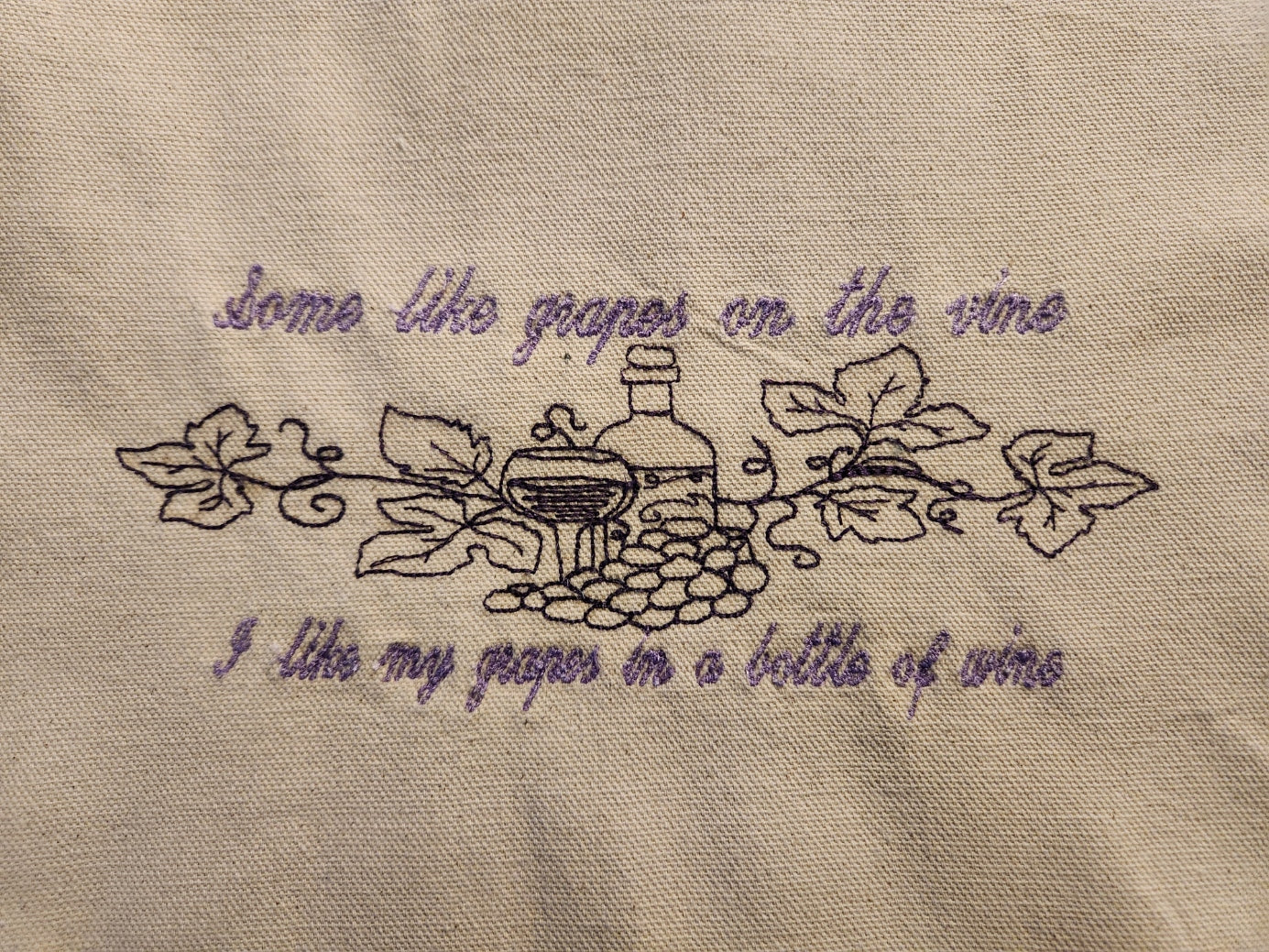 "I like my grapes in a bottle..." Embroidered  Canvas Tote Bag