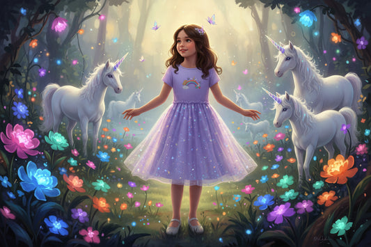 Light Purple Girls Dress with Rainbow unicorn Size large