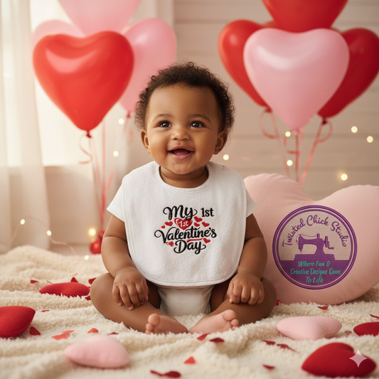 Embroidered My First Valentines Day Bib Red and Black Infant size