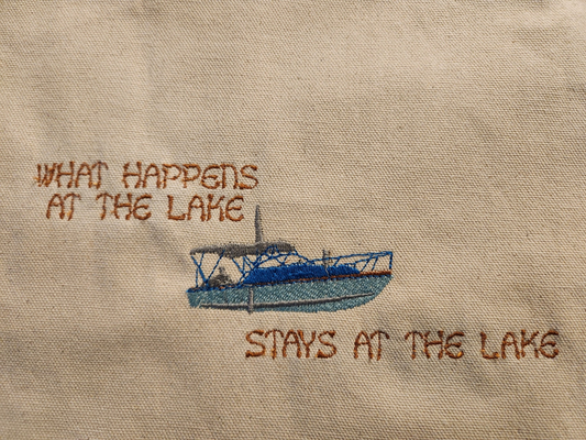 "What happens at the lake" Embroidered Tote